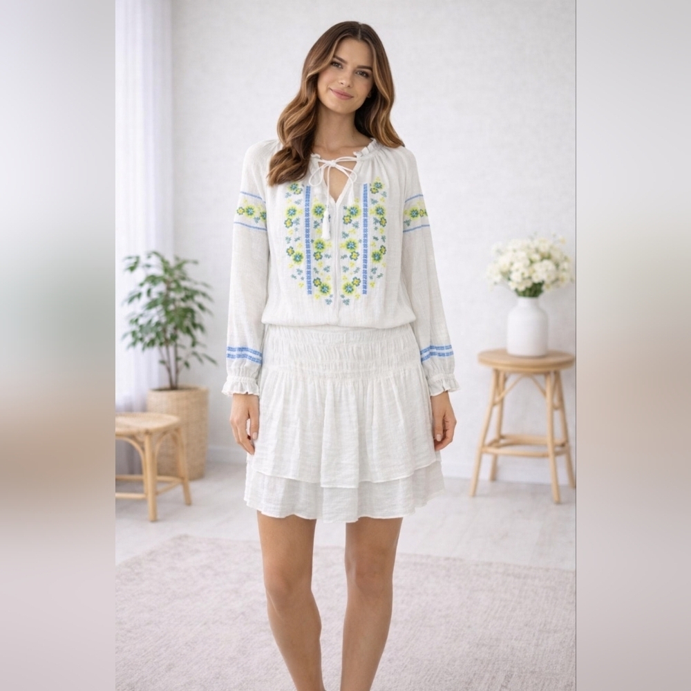Current Air Anthropologie boho hippie ruffle dress Cottagecore embroidered LG